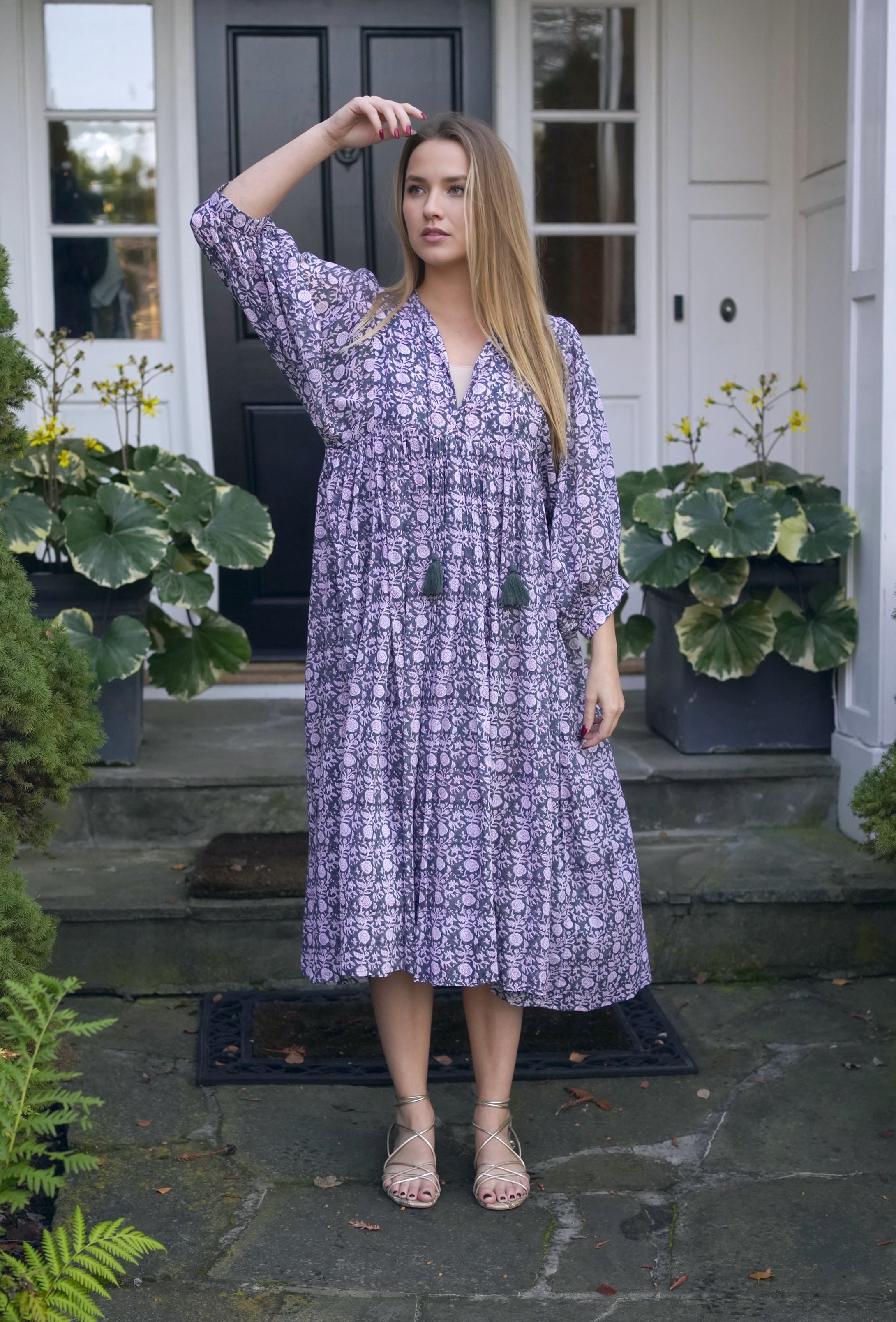 Mylah Midi Dress Dk Purple Grey (Olive) Block Printed