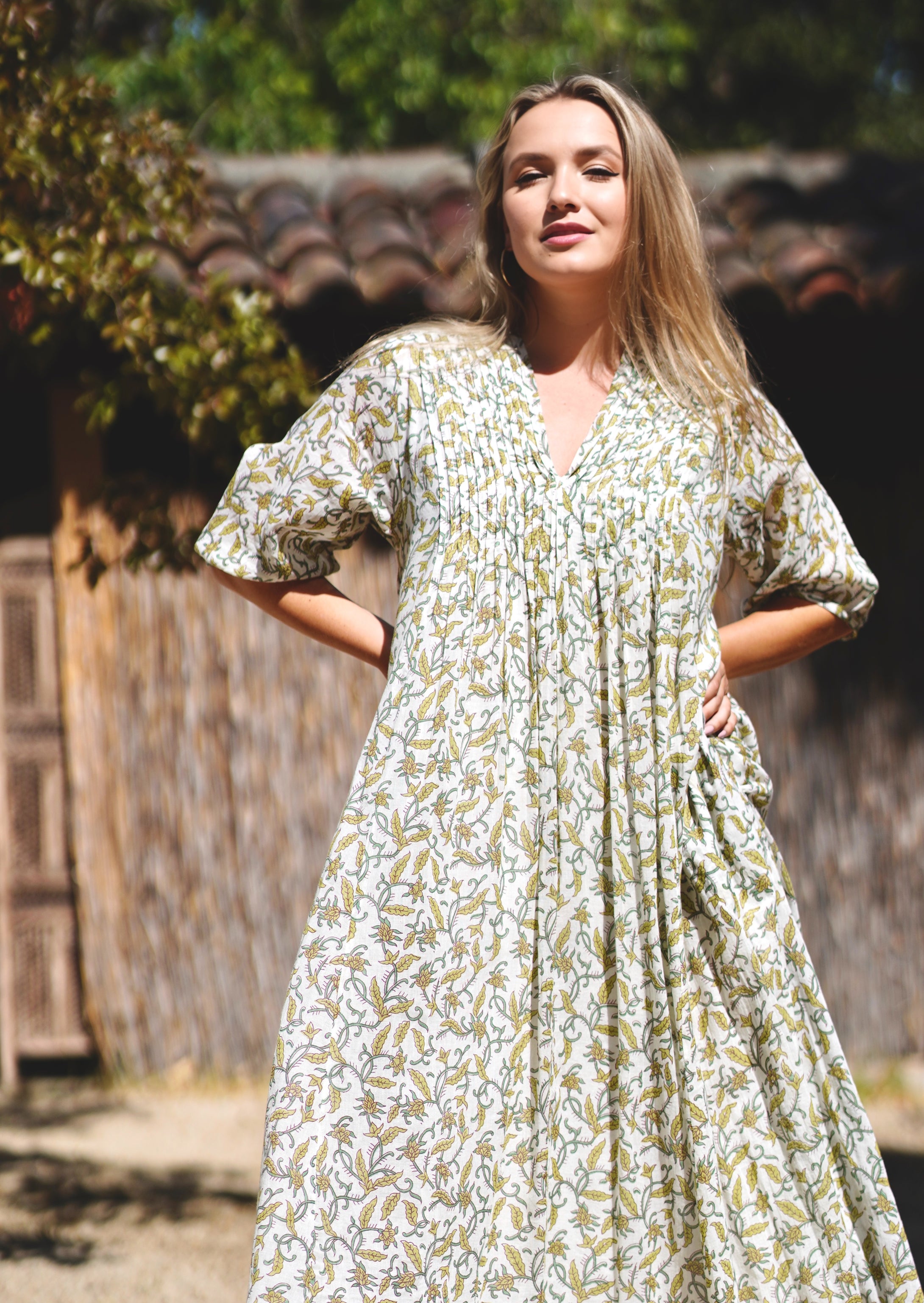 Skye Dress Hand Block Printed  Green